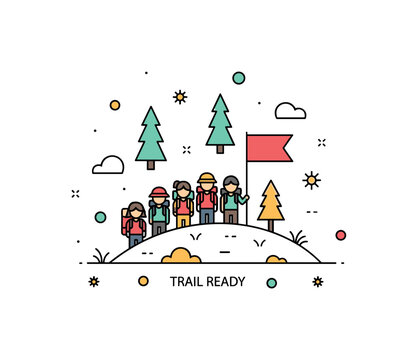 Youth adventure tribe concept featuring a small group of young explorers standing on a hill with a flag planted beside them. Simple pine tree shapes and a