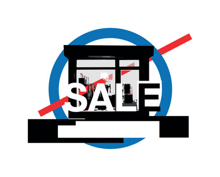 Black and white storefront window silhouette with large sale typography shape implied abstractly, oversized blue circular frame partially enclosing the window,