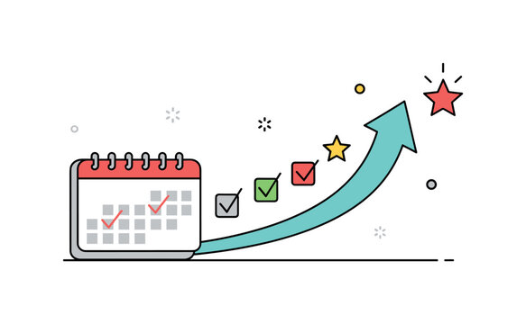 Habit tracking and performance growth illustrated by a small calendar with checkmarks transforming into an upward arrow and star accent, expressing consistent