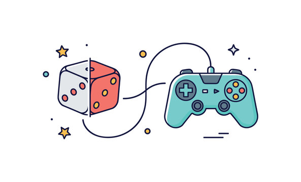 Dice and controller fun split composition with a board game die on one side and a game controller on the other connected by a playful curved line. A creative