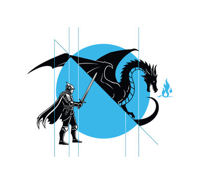 Monochrome side-profile of a dragon slayer facing a large dragon silhouette, intersected by a large blue semicircle symbolizing moonlight and thin vertical
