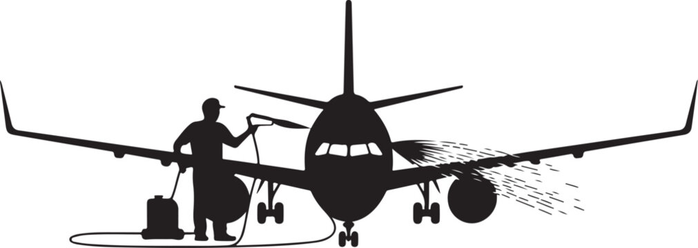 Man washing airplane with pressure washer cleaning
