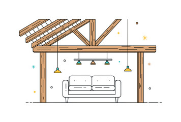 Rustic loft with exposed beams featuring angled ceiling lines and sturdy timber supports above a minimal sofa silhouette, symbolizing open space and industrial © Настя Шевчук