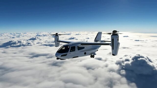 Futuristic electric vertical takeoff and landing aircraft cruising above a dense cloud layer in a clear blue sky representing