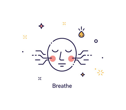 Mindfulness for pain management concept featuring closed eyes and soft breathing lines surrounding a calm face icon. A small ?Breathe? caption and gentle spark
