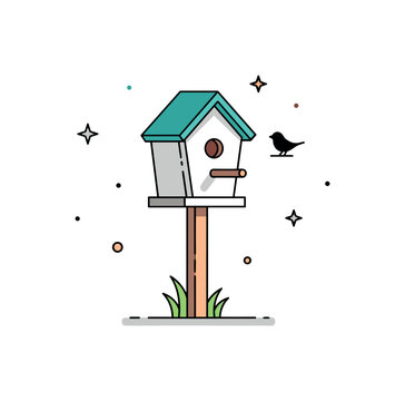 Spring garden preparation finished birdhouse mounted on a simple post with a tiny bird silhouette nearby. A light and hopeful illustration about welcoming