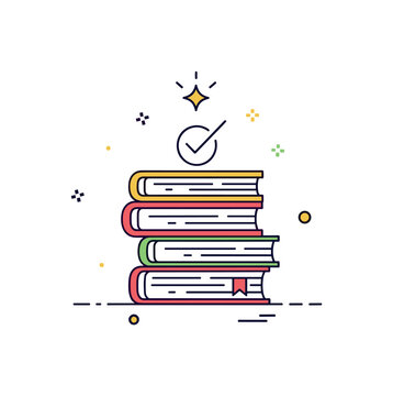 Concept mastery badge stack of books with a subtle check mark and small glowing star above, symbolizing achieved comprehension and confidence. A concise visual