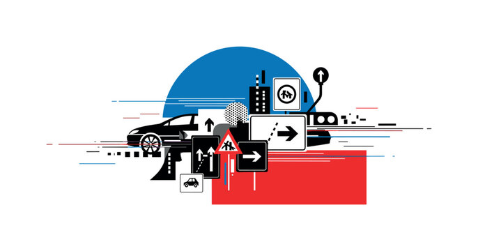 Black and white fragmented collage of car, road signs, and lane arrows layered dynamically, large blue semicircle intersecting upper composition, red