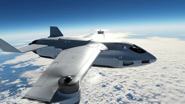 Futuristic v t o l aircraft flying above clouds advanced aerospace technology concept sleek military drone unmanned aerial