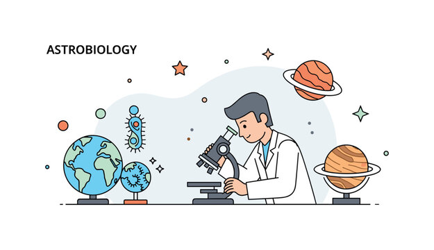 Astrobiology and the possibility of life on other planets showing a scientist examining alien microorganisms under a microscope with planetary models nearby,
