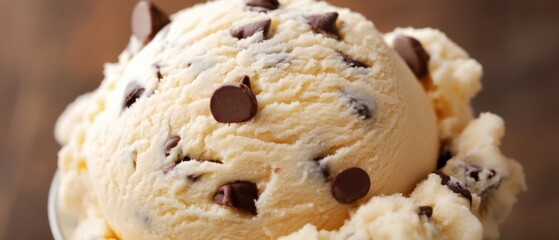 vanilla Chocolate Chip flavor gelato full frame background banner detail. Close up of a surface texture of vanilla Chocolate Chip Ice cream -