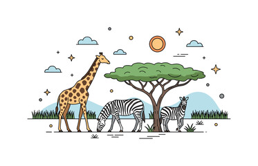 Fototapeta premium Savanna wildlife with a giraffe and zebra grazing near an acacia tree under a warm sun, illustrating the diversity and tranquility of African plains.