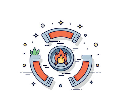 Fire pit gathering area illustrated by circular seating around a stylized flame icon, symbolizing cozy evenings and social interaction under the open sky. The