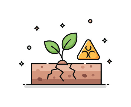 Soil contamination warning icon featuring a small plant growing from cracked ground with a hazard symbol nearby, symbolizing polluted land and ecological
