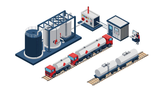 Industrial oil refinery complex with trains for transportation.