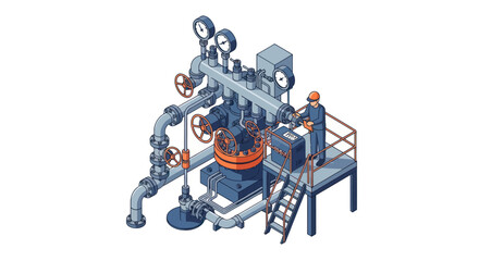 Industrial Oil Rig Equipment with Worker Illustration. © Sapu
