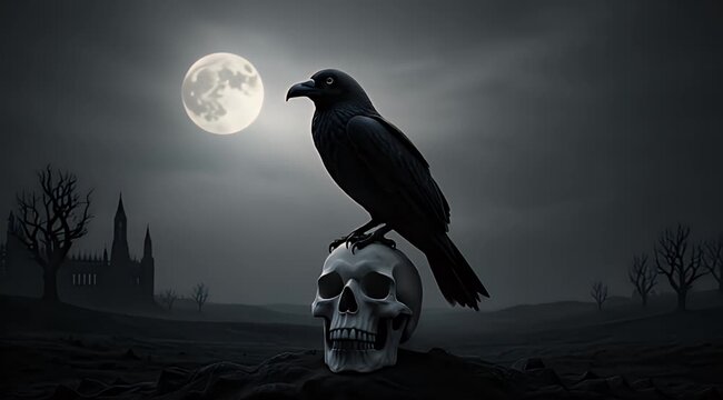 A dark crow sits on a human skull, bathed in moonlight, with a gothic castle nearby