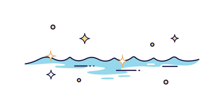 Glimmering water gentle wave line with bright sparkle accents dancing across the surface. A calm editorial scene expressing sunlight reflections and peaceful