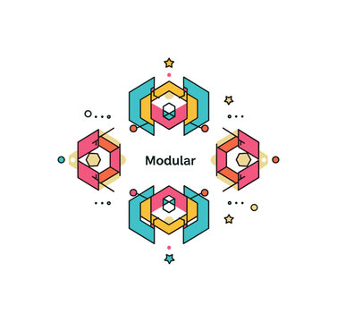 Colorful geometric pattern badge with interlocking hexagon and triangle forms arranged symmetrically. Tiny dotted accents and a subtle ?Modular? caption