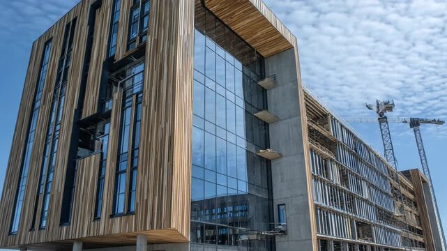 Modern architectural building under construction with glass facades, wooden elements, and concrete structure against a blue sky, showcasing urban development.