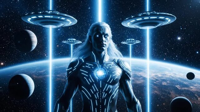 Epic cinematic science fiction scene showing a Pleiadian star commander floating in deep space powerful humanoid figure with long silver hair glowing blue eyes and noble facial features wearing elegan