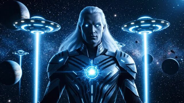 Ultra cinematic science fiction footage of a powerful Pleiadian commander standing confidently in deep space tall noble humanoid with long flowing silver hair glowing blue eyes and calm majestic expre