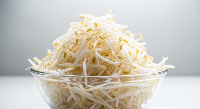 Abundant Pile of Fresh Bean Sprouts in Glass Bowl