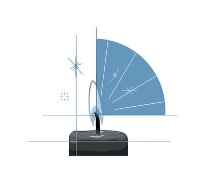 Monochrome close-up of a burning candle flame with detailed wick, intersected by a large blue semicircle symbolizing glow and thin vertical grid lines creating