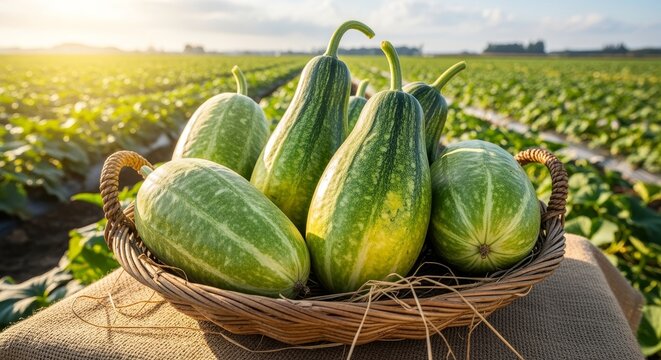 Freshly Harvested Gourds in a Wicker Basket with Field Background