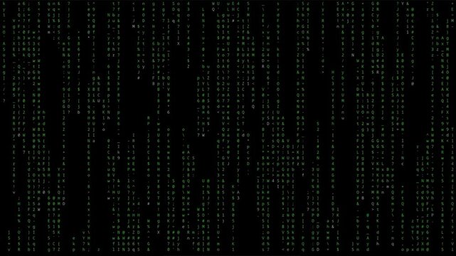 Cyberpunk green symbols running across black screen, futuristic intro. Green matrix style symbols running on black background, disappearing at the end leaving black screen.