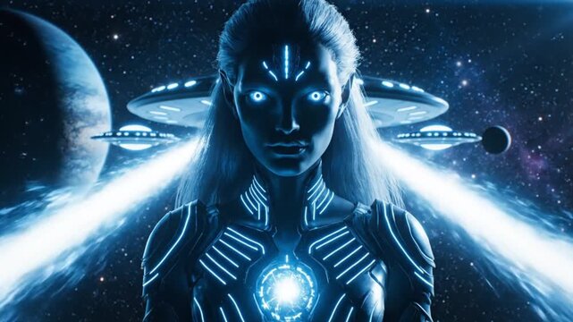 High end cinematic science fiction footage of a noble Pleiadian commander standing in the vacuum of space elegant humanoid figure with long flowing silver hair bright blue luminous eyes and serene pow