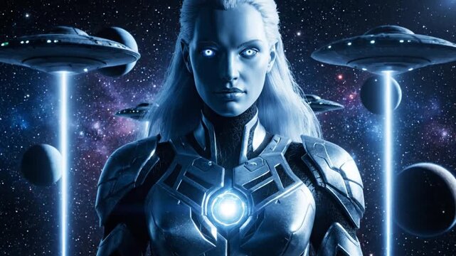 Cinematic close medium shot of a majestic Pleiadian commander in outer space tall luminous humanoid with long silver hair floating gently glowing blue eyes calm confident expression advanced futuristi