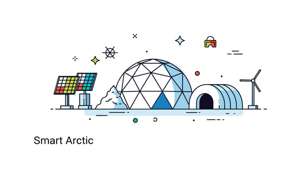 Innovative snow dome construction highlighting geometric precision and compact renewable energy elements nearby. A subtle ?Smart Arctic? caption reinforces