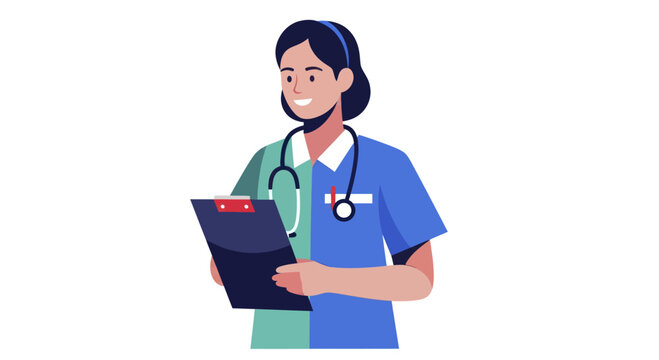 Nurse holding medical chart with stethoscope around neck.