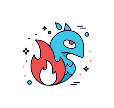 Elemental shapeshifter fire and water shapes merging into a single abstract creature silhouette. A bold concept badge about adaptability and mystical power.