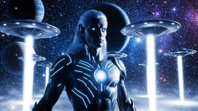 Ultra detailed sci fi cinematic scene of a Pleiadian galactic commander in deep space noble humanoid with long shining silver hair glowing blue eyes and confident majestic posture wearing advanced ali