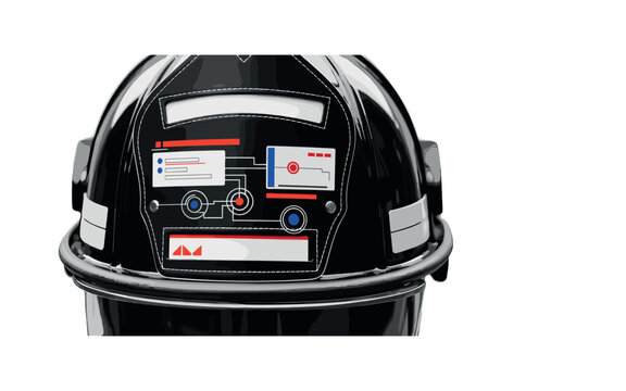 A monochrome close-up of a firefighter helmet with reflective visor showing abstract geometric interface elements, flat rectangular data panels intersecting