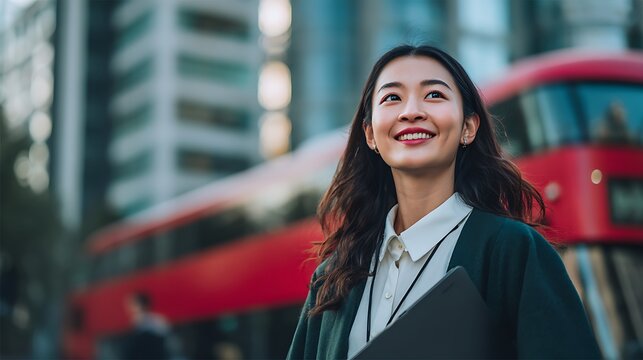 A young Asian businesswoman smiling confidently in a city with a red bus behind her