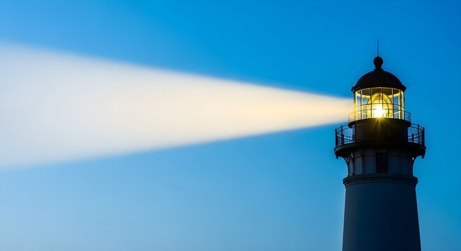 A serene lighthouse standing tall with its beam shining brightly across the evening sky