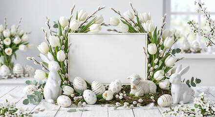 Fototapeta na wymiar Wielkanocne tło. z miejscem na tekst. Kompozycja z białych tulipanów, pisanek, bazi, kurczątek, zajączków