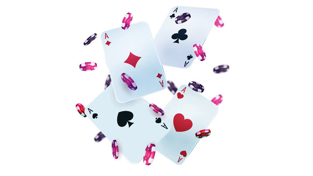 Flying playing cards scatter with poker chips. Red and black suits flash in mid-air motion. Perfect for casino, gaming, or fun entertainment themes.