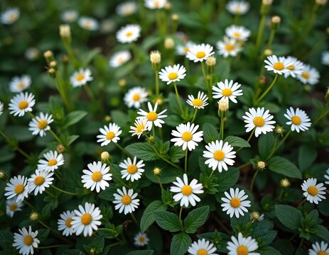 Field of white daisies with yellow centers bloom in green garden. Small wildflowers grow densely together. Nature scene shows fresh flora in sunlight.