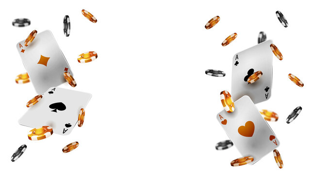 Playing cards scatter mid-air with chips. Gold and black chips tumble beside the cards. Cards and coins float, suspended in air. Image shows casino or gambling theme. Use for games, luck, or betting  