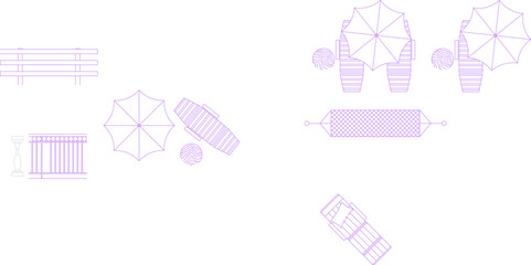 Technical landscape architecture plan view showing outdoor furniture symbols including benches, umbrellas, lounge chairs and planters in purple line art. © Riki