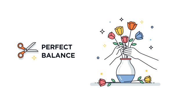Creative flower arrangement scene with an artist trimming stems before placing them into a ceramic vase. Subtle scissors icon and a ?Perfect Balance? text