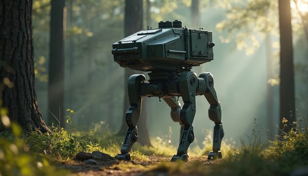Military robot walker patrols woodland path. Advanced AI drone uses four legs for terrain navigation. Green mech moves through sunlit forest among trees.