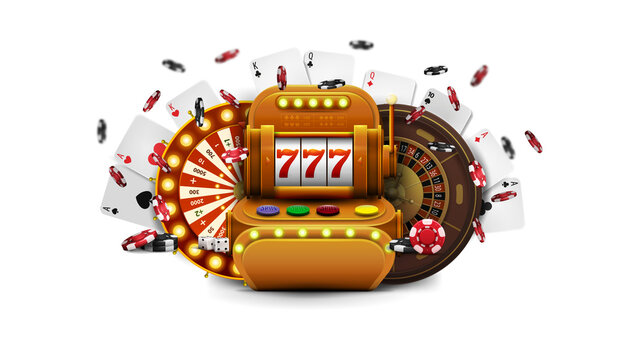 Slot machine with classic gold design. Cards and roulette wheel surround the machine. Dice and poker chips float around the scene. Image conveys casino-themed gaming fun