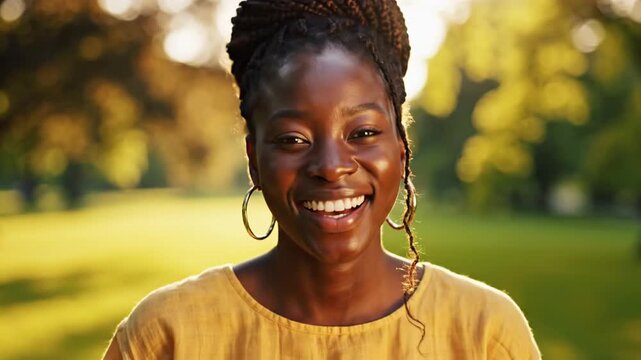 Beautiful woman smiling in the park during golden hour.