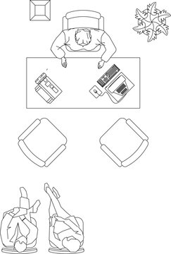 Technical interior design plan view showing office workspace layout with person at desk, computer, furniture pieces and human figures in various positions.