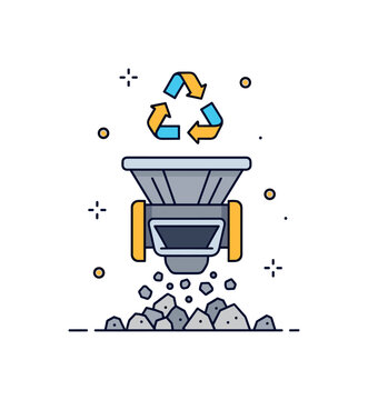 Concrete crushing and repurposing simplified crusher machine icon breaking debris into small aggregate pieces with a recycling arrow above. A focused concept